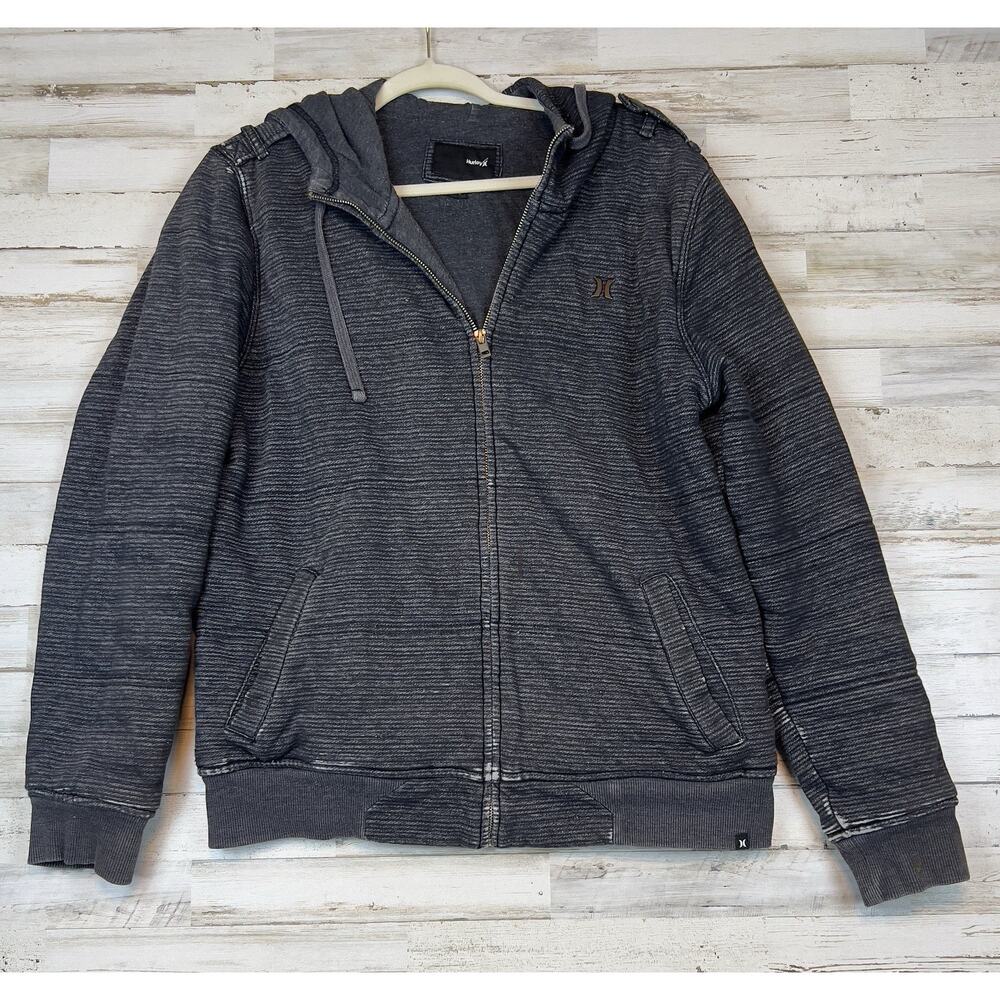Hurley Men’s Gray Full Zip Hoodie Jacket Medium Striped Knit Surf Skate Logo